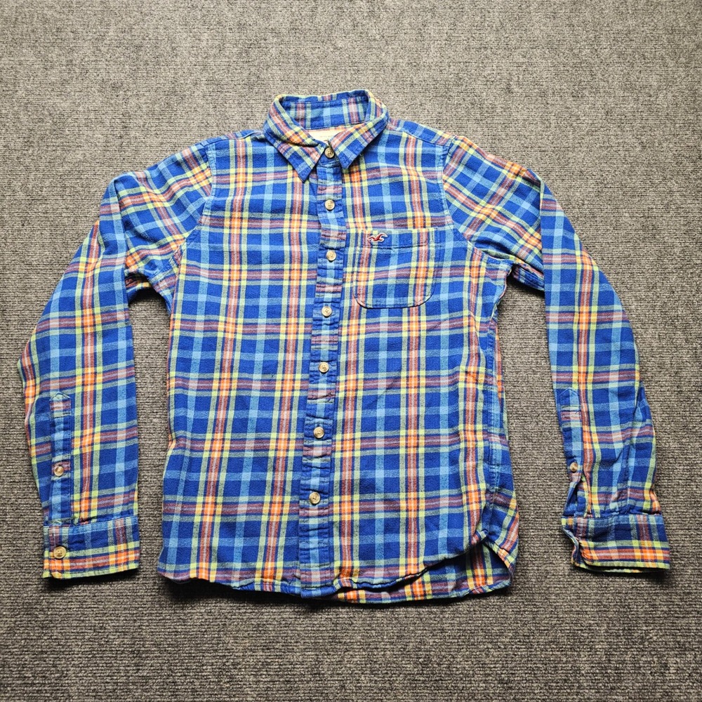Hollister Mens Blue Orange Plaid Flannel Button Down Shirt Size M Seagull Logo